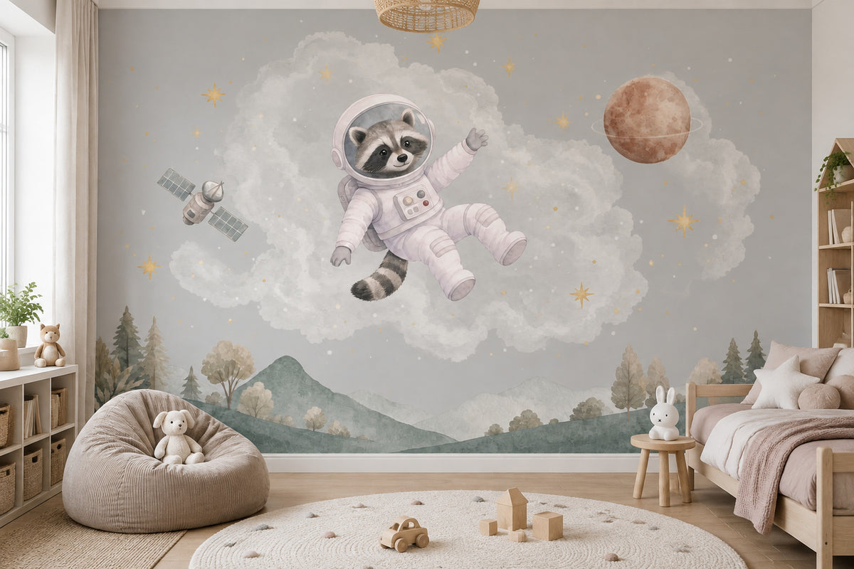 Astronaut Raccoon Wallpaper Pastel Space Nursery Wall Mural