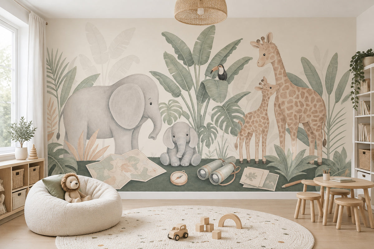 Watercolor Safari Animals Wallpaper Tropical Jungle Wall Mural