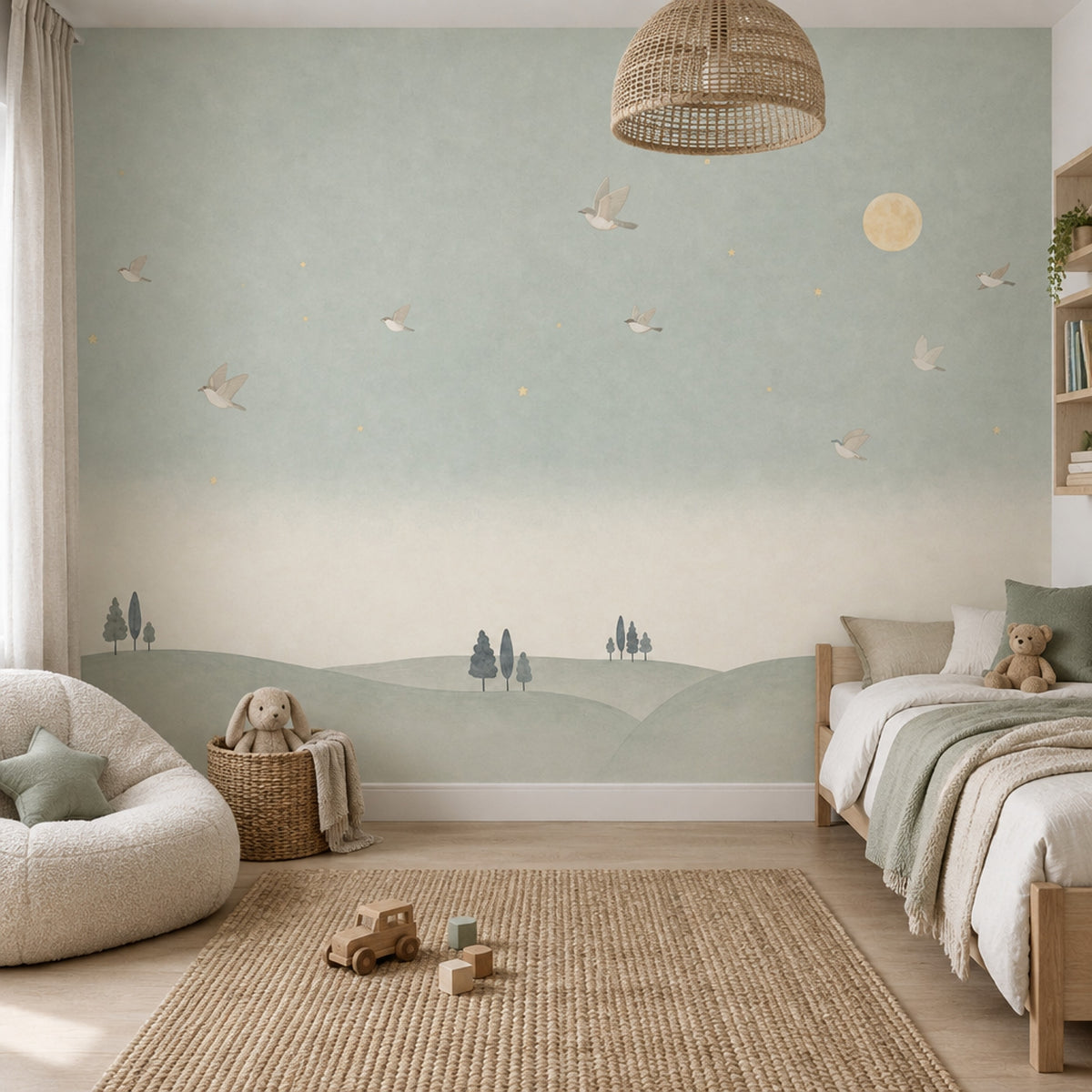 Moon And Birds Wallpaper Watercolor Landscape Wall Mural