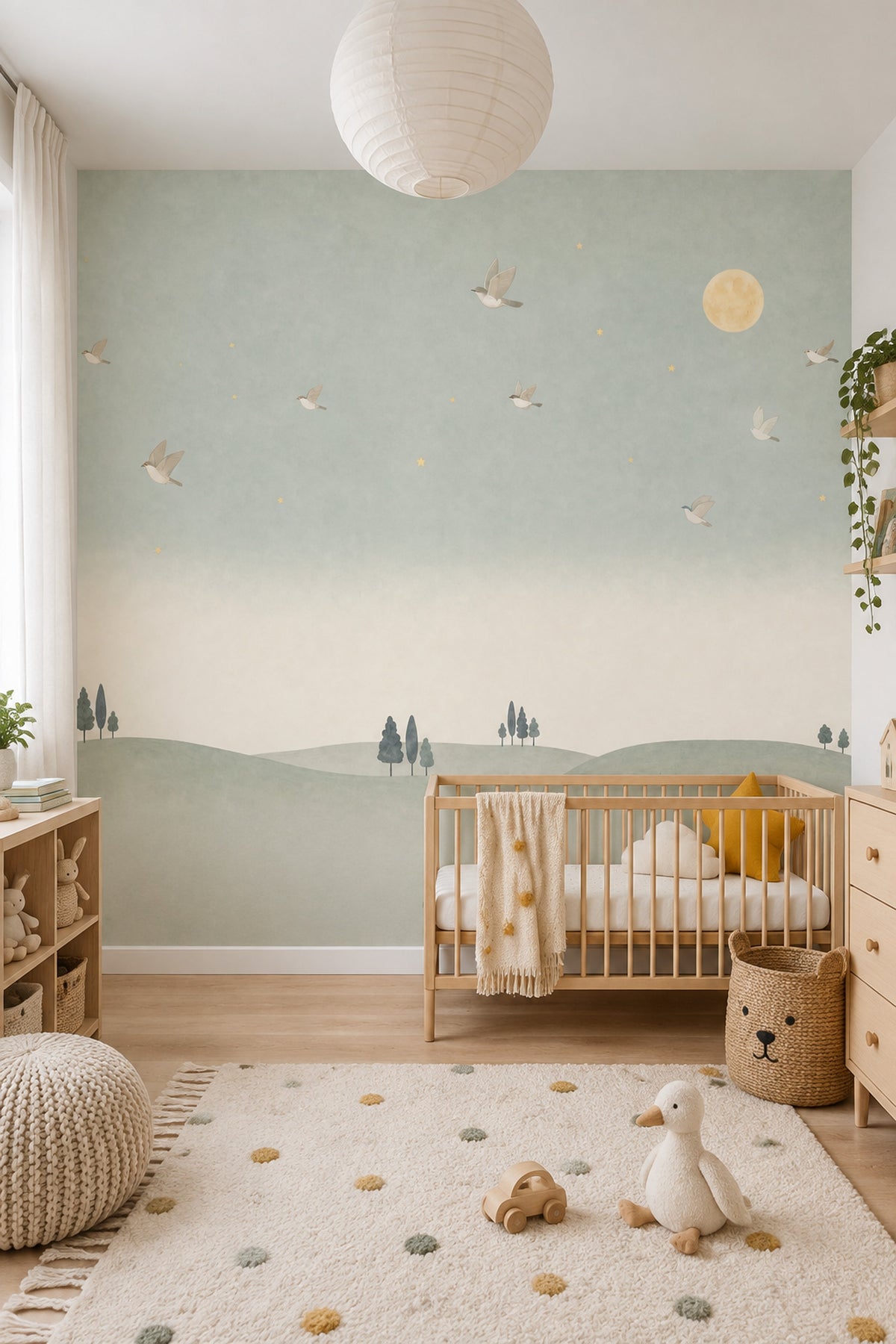 Moon And Birds Wallpaper Watercolor Landscape Wall Mural