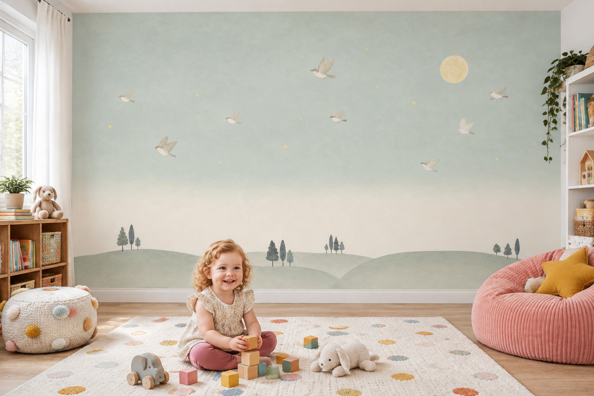 Moon And Birds Wallpaper Watercolor Landscape Wall Mural