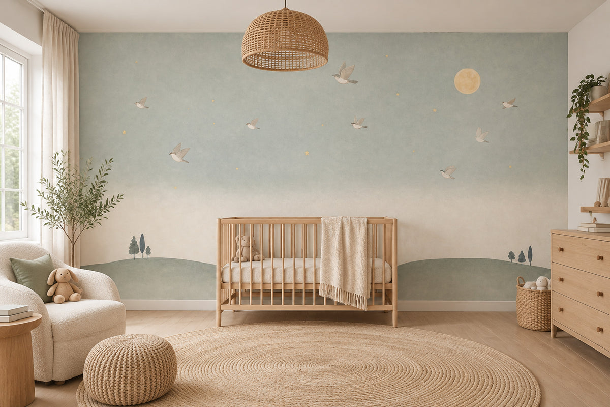 Moon And Birds Wallpaper Watercolor Landscape Wall Mural