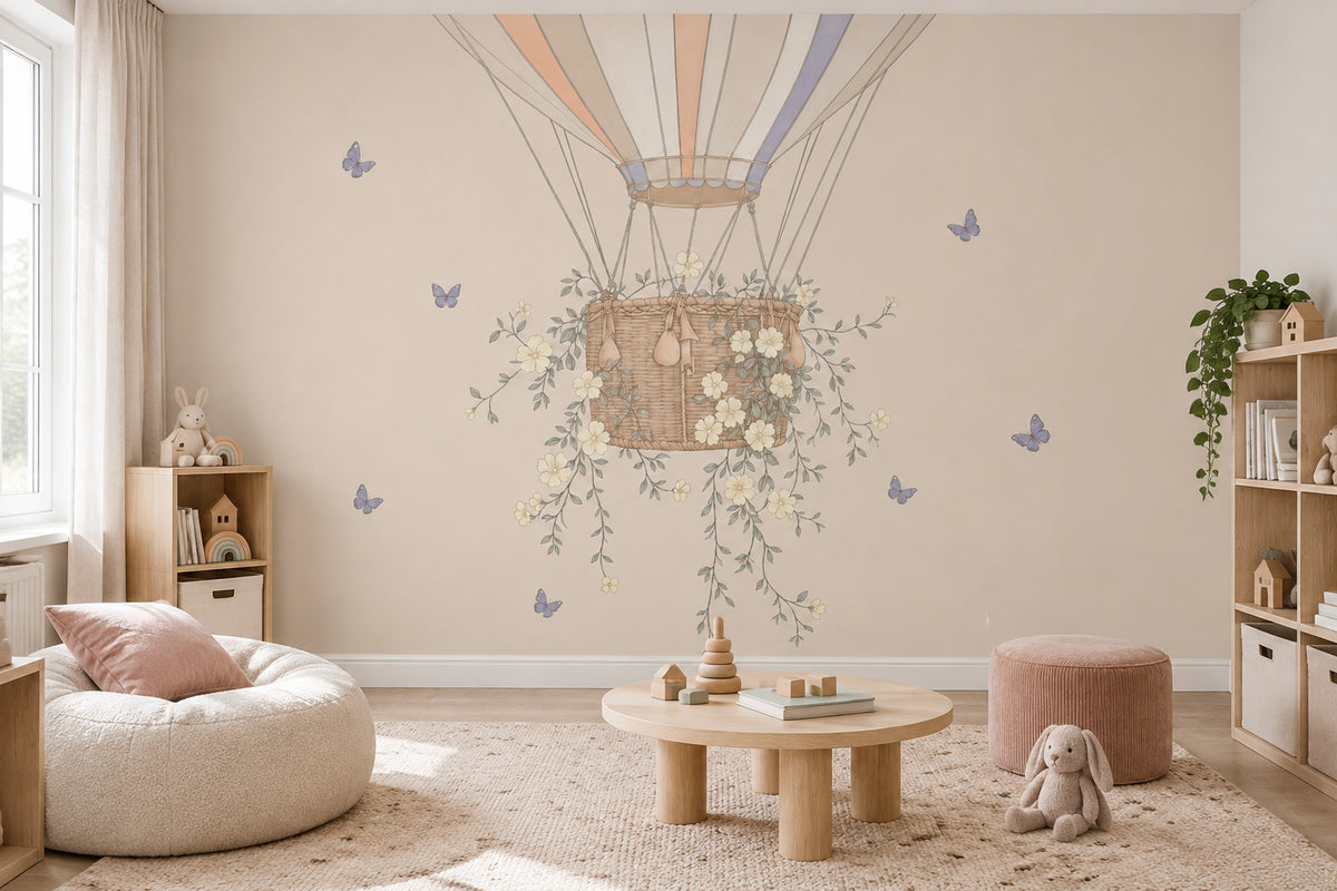 Hot Air Balloon Wallpaper Pastel Floral Wall Mural