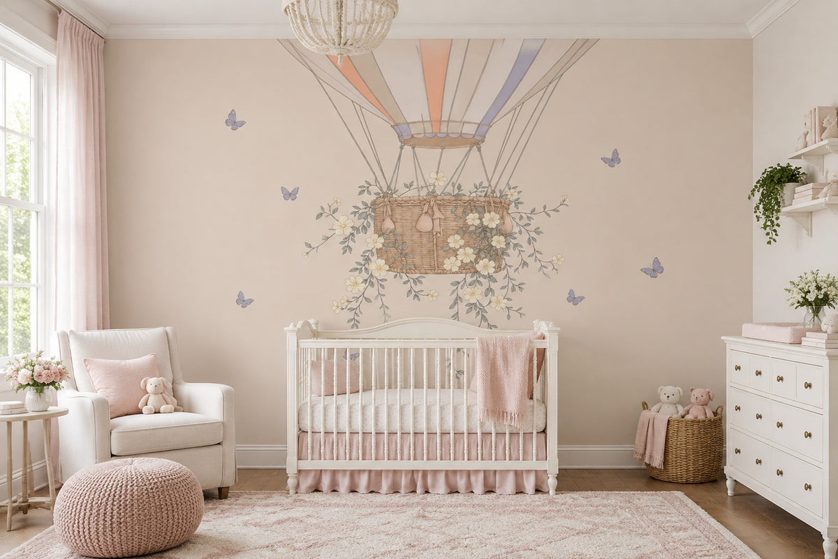Hot Air Balloon Wallpaper Pastel Floral Wall Mural
