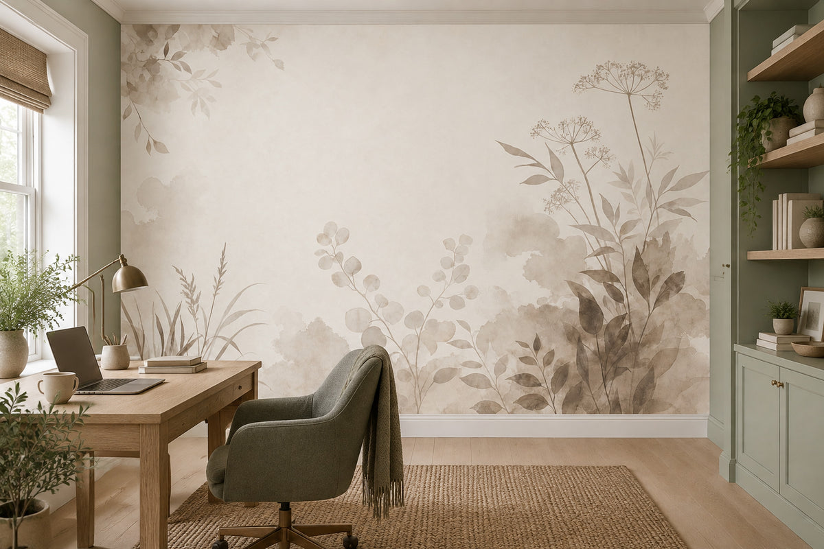 Watercolor Wildflowers Wallpaper Ivory Beige Leaves Wall Mural