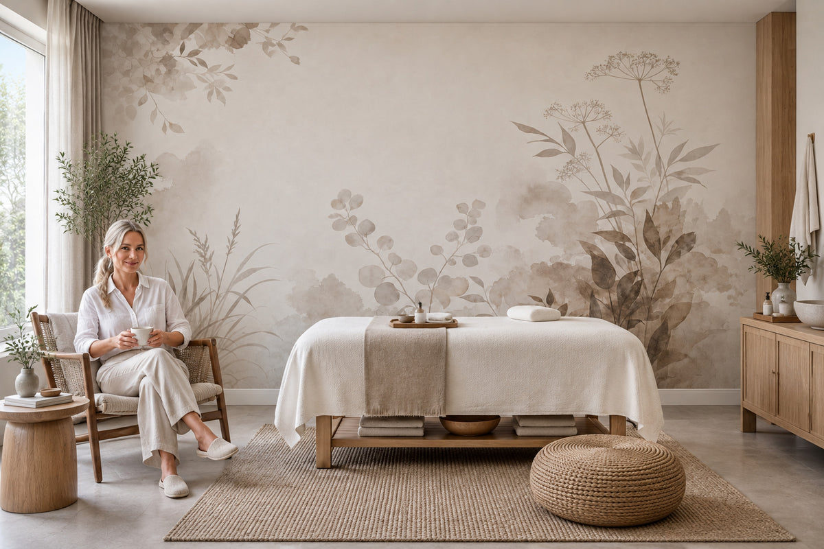 Watercolor Wildflowers Wallpaper Ivory Beige Leaves Wall Mural