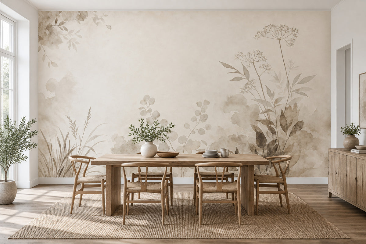 Watercolor Wildflowers Wallpaper Ivory Beige Leaves Wall Mural