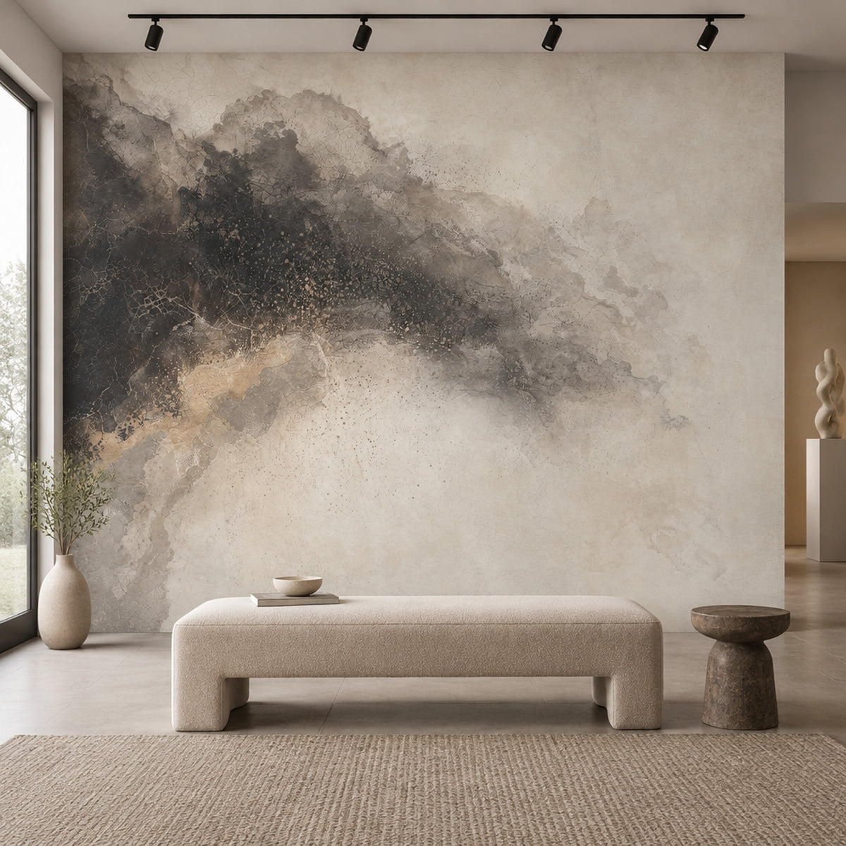 Abstract Plaster Texture Wallpaper Charcoal Beige Wall Mural