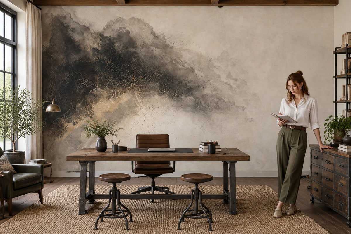 Abstract Plaster Texture Wallpaper Charcoal Beige Wall Mural
