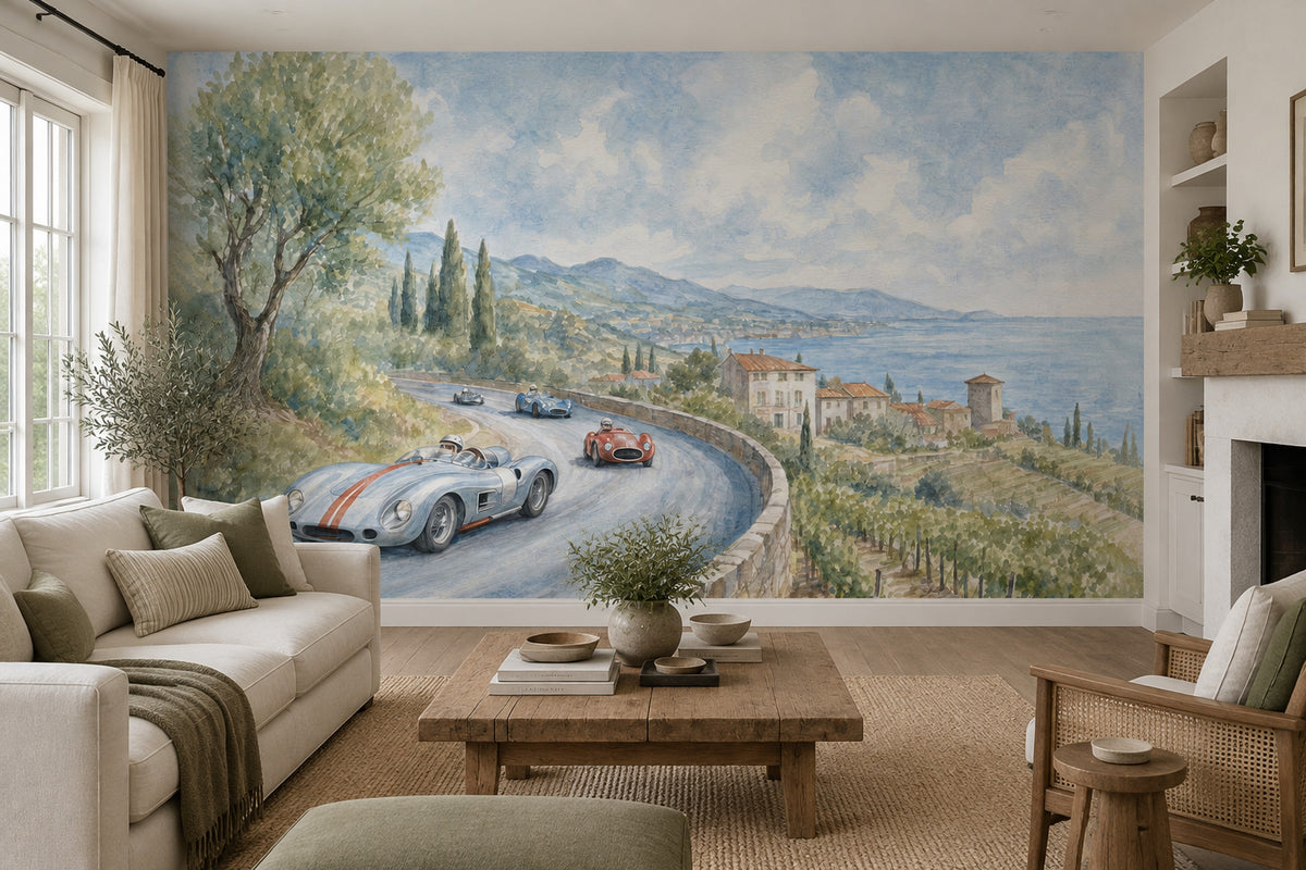 Vintage Coastal Road Race Wallpaper Mediterranean Landscape Wall Mural
