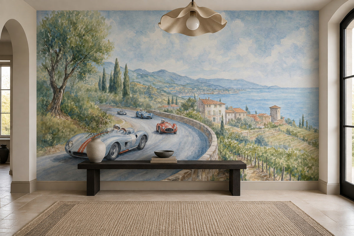 Vintage Coastal Road Race Wallpaper Mediterranean Landscape Wall Mural