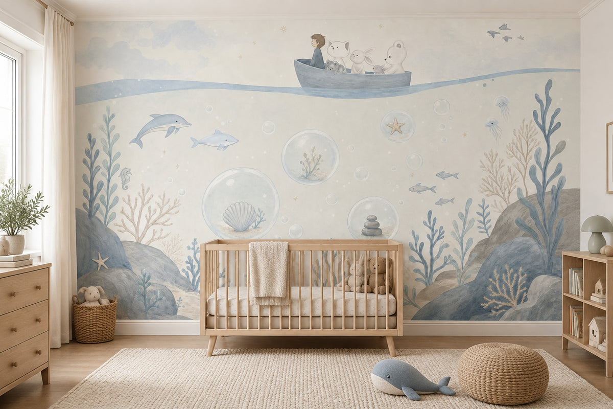 Underwater Boat Nursery Wallpaper Watercolor Coastal Wall Mural