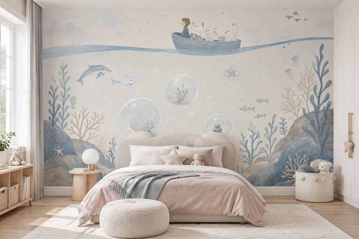 Underwater Boat Nursery Wallpaper Watercolor Coastal Wall Mural