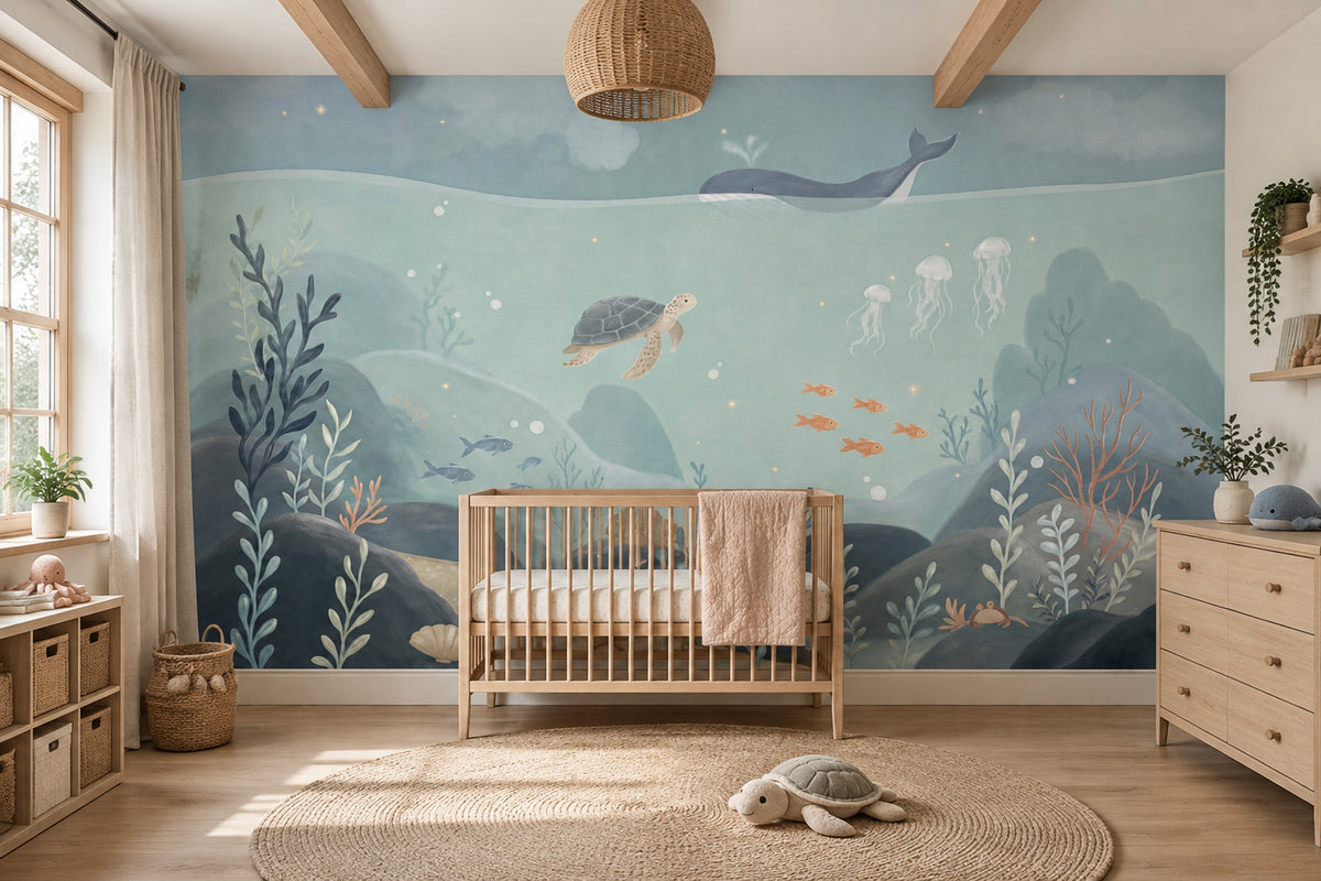 Watercolor Underwater Whale Wallpaper Coastal Nursery Wall Mural