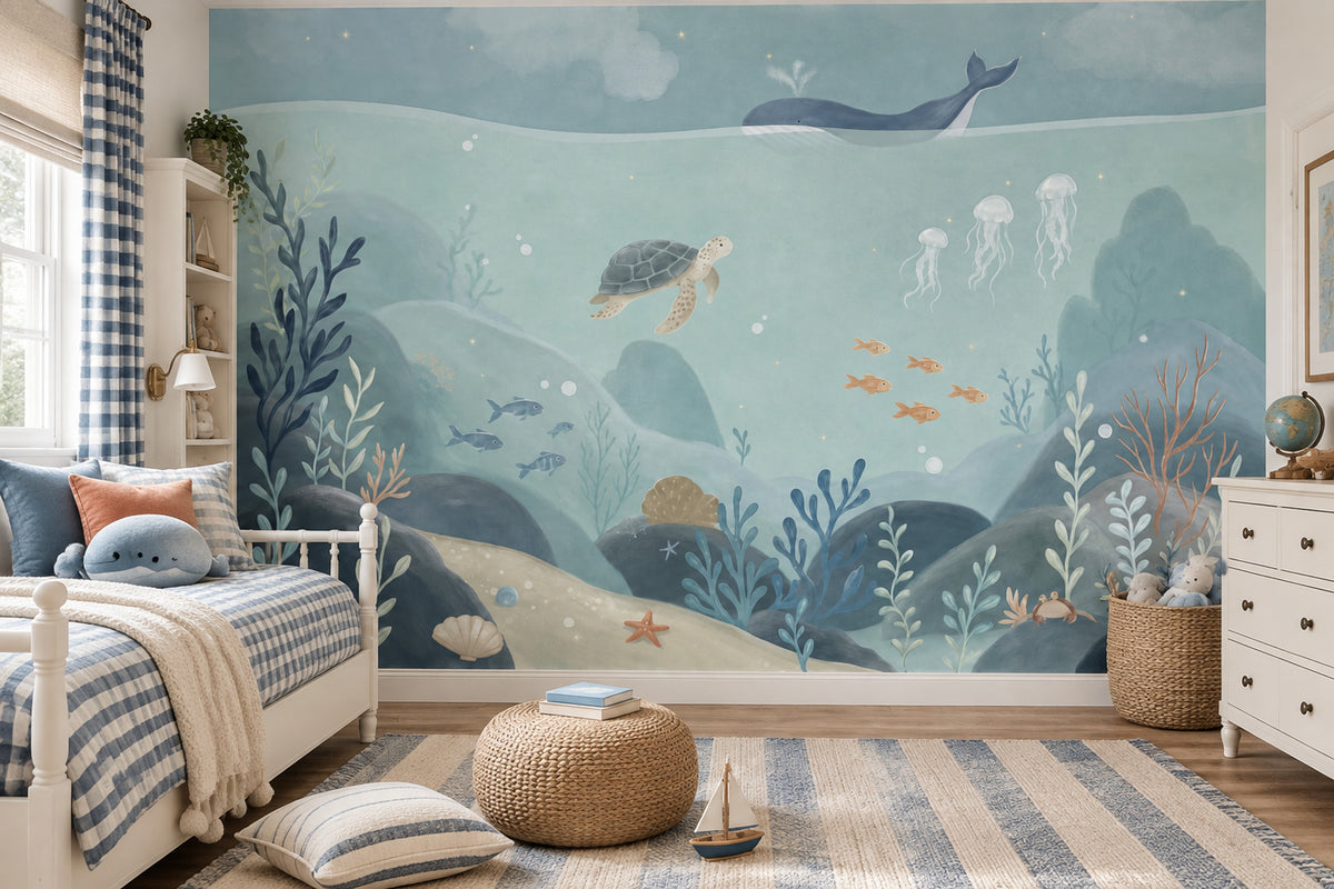 Watercolor Underwater Whale Wallpaper Coastal Nursery Wall Mural