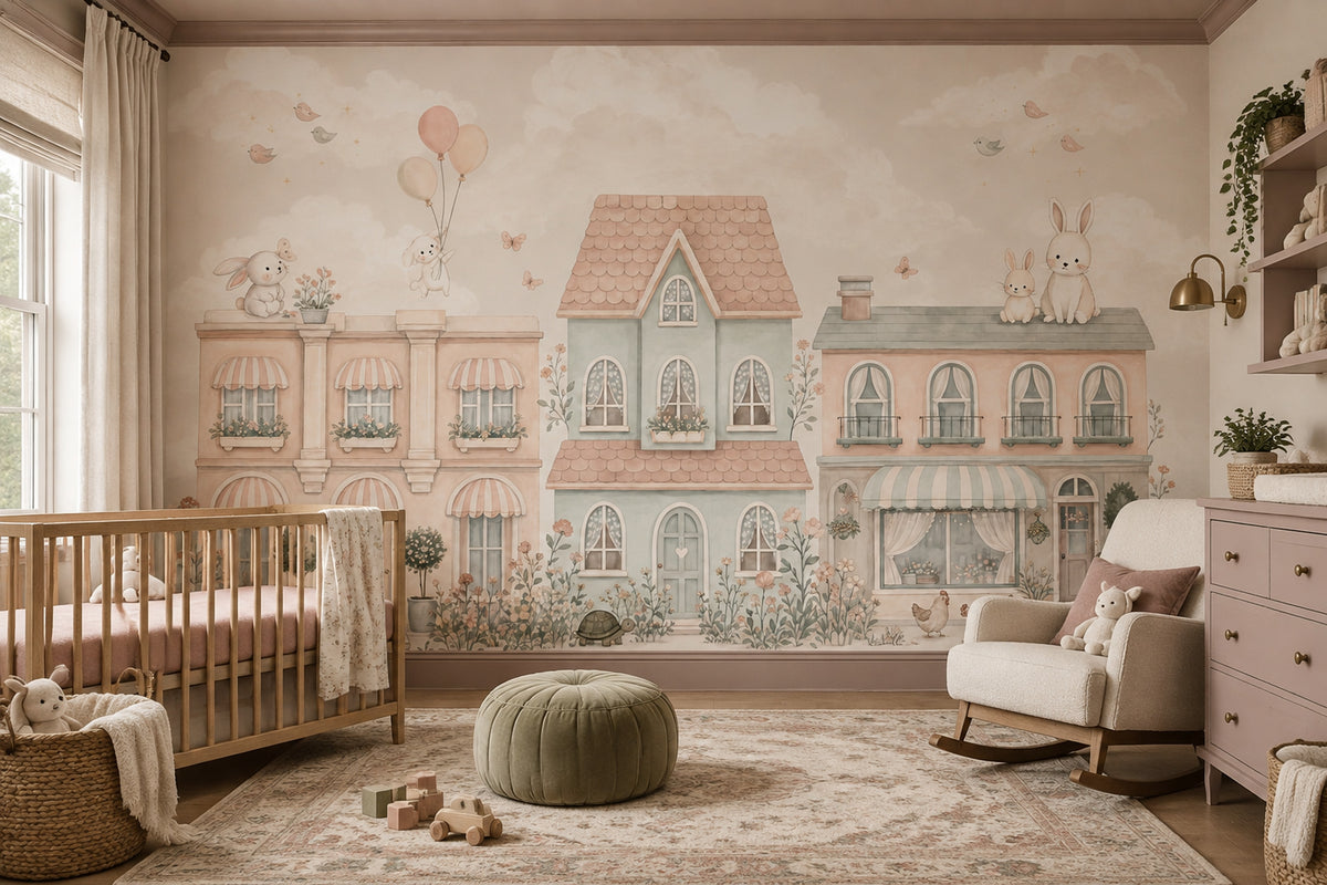 Pastel Village Bunnies Wallpaper Storybook Wall Mural