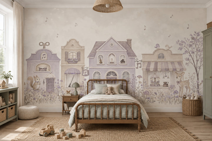 Fairy Tale Music Town Wallpaper Cloudy Sky Wall Mural