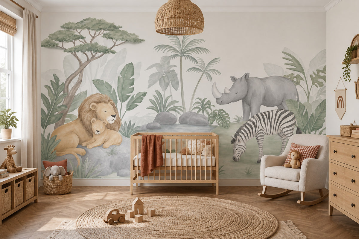 Watercolor Safari Animals Wallpaper Pastel Nursery Wall Mural