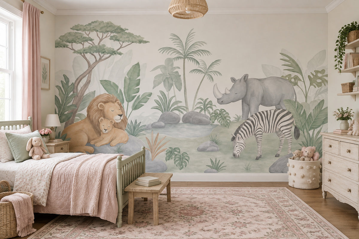 Watercolor Safari Animals Wallpaper Pastel Nursery Wall Mural