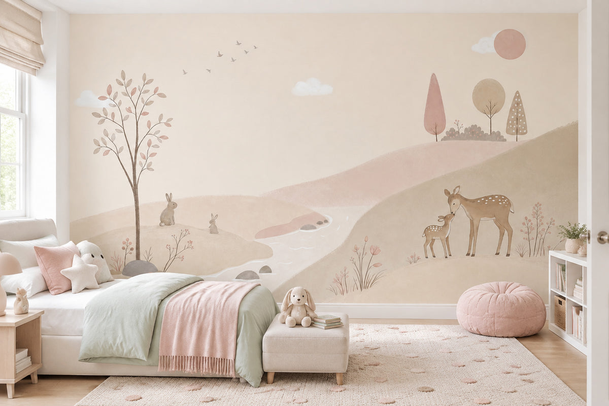 Pastel Woodland Deer Wallpaper Watercolor Nursery Wall Mural