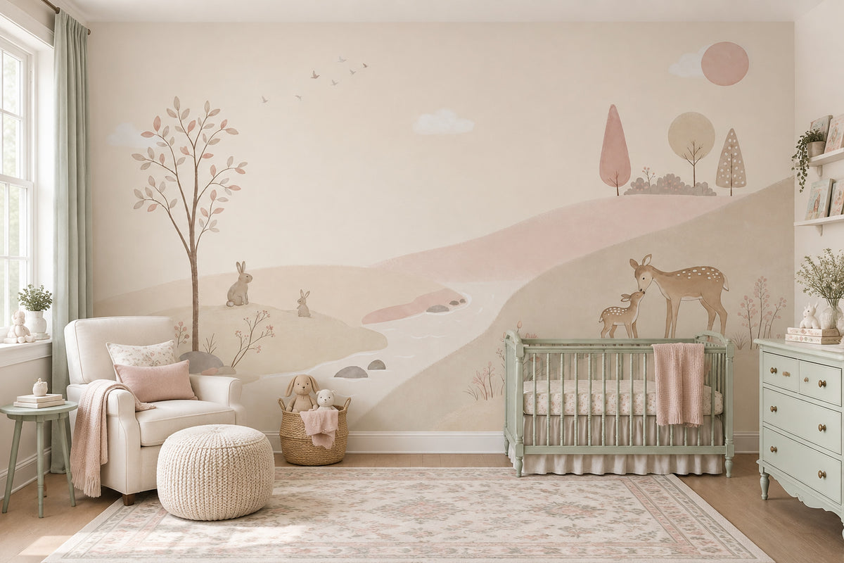 Pastel Woodland Deer Wallpaper Watercolor Nursery Wall Mural