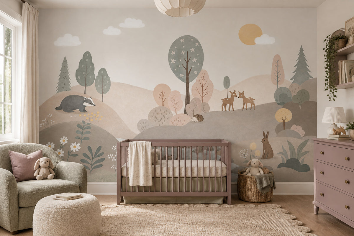 Woodland Forest Animals Wallpaper Pastel Landscape Wall Mural