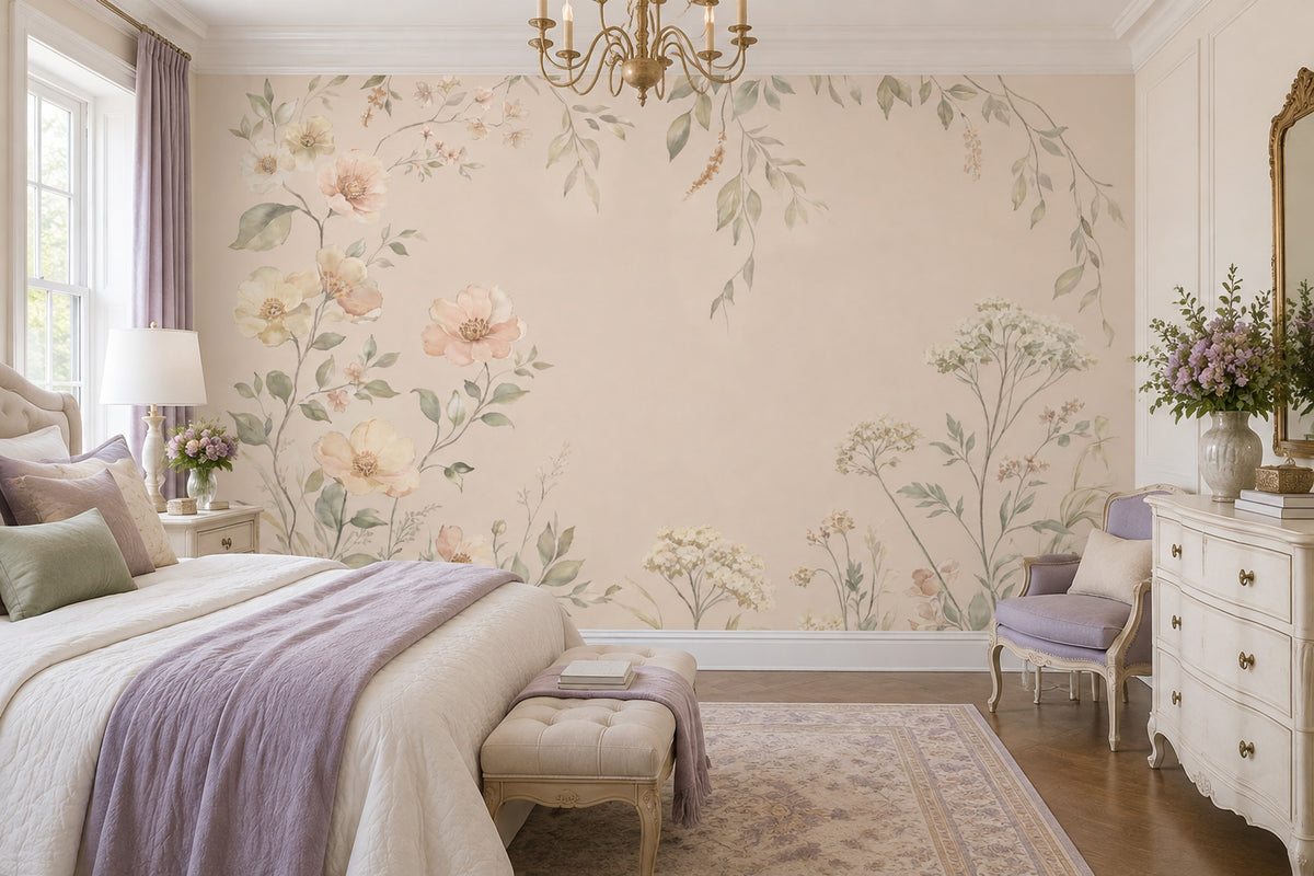 Watercolor Floral Wallpaper Soft Beige Botanical Wall Mural
