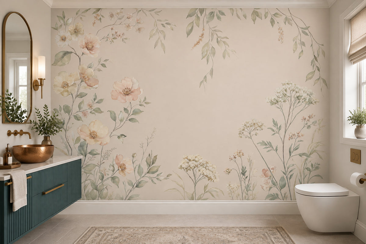 Watercolor Floral Wallpaper Soft Beige Botanical Wall Mural