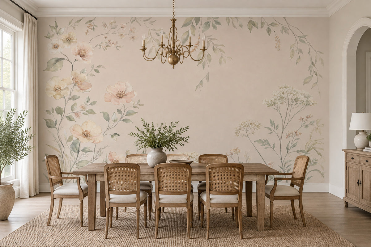 Watercolor Floral Wallpaper Soft Beige Botanical Wall Mural