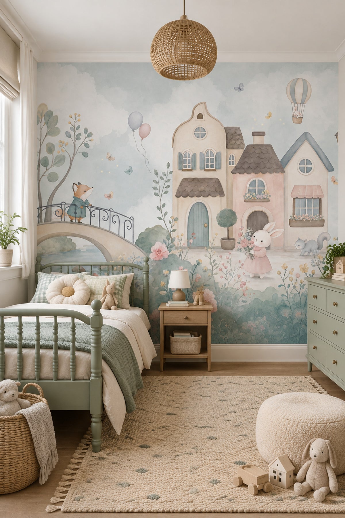 Watercolor Fairy Village Wallpaper Hot Air Balloon Wall Mural