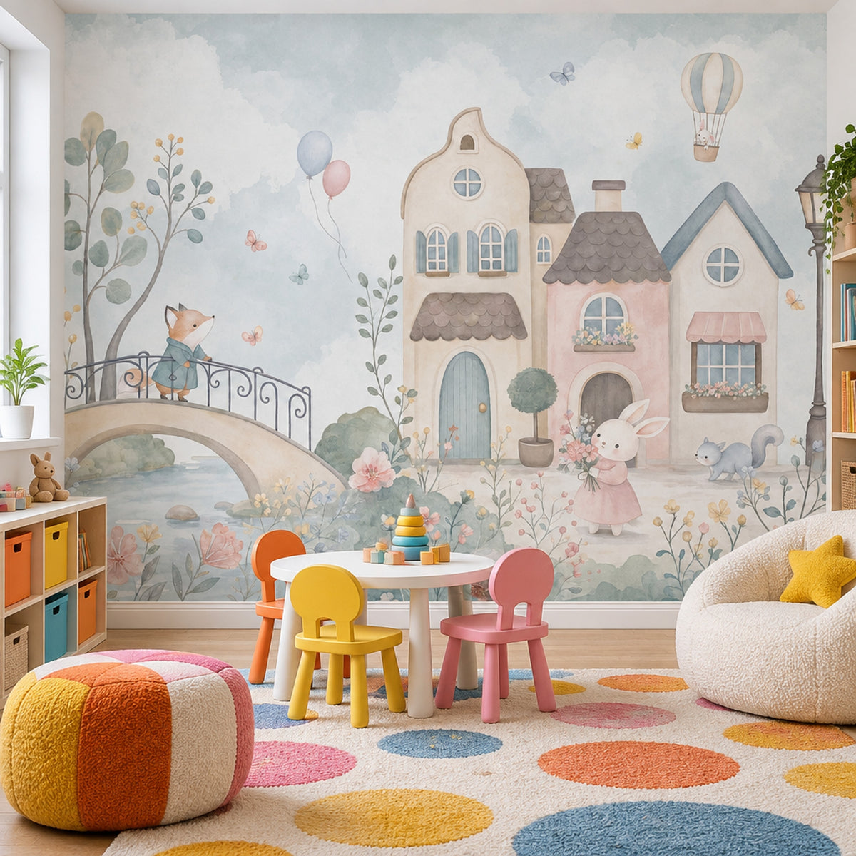 Watercolor Fairy Village Wallpaper Hot Air Balloon Wall Mural