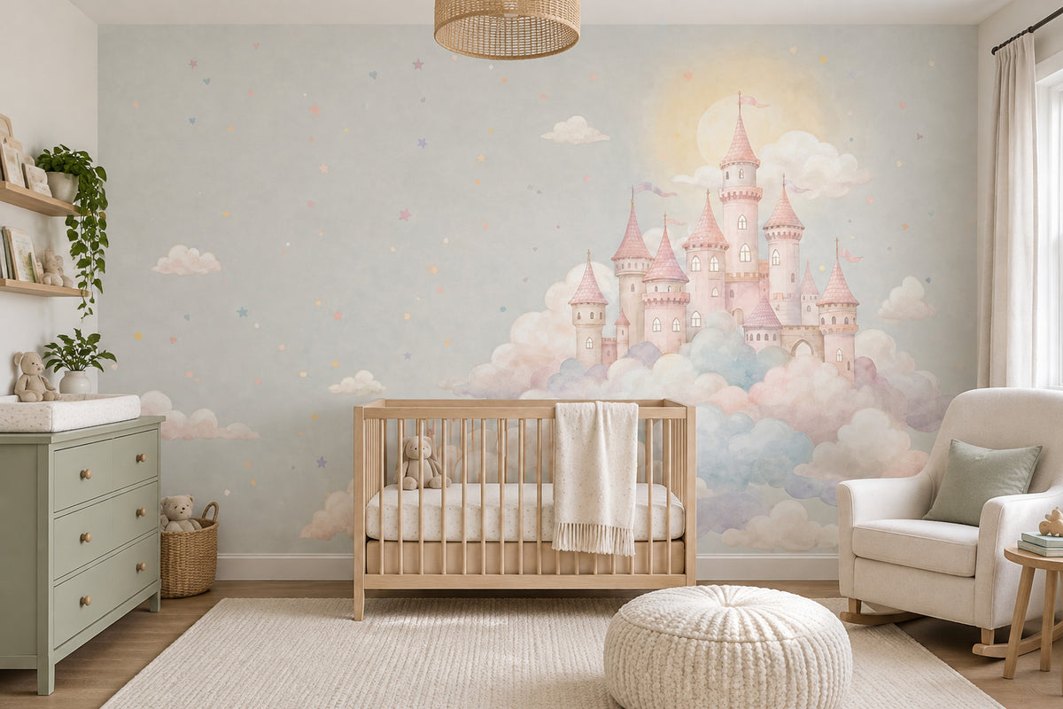Fairy Tale Castle Wallpaper Watercolor Pastel Wall Mural