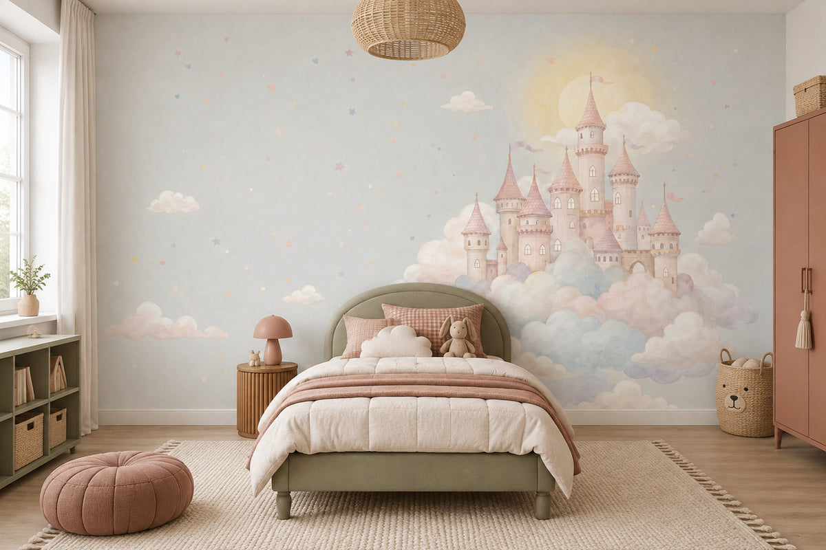 Fairy Tale Castle Wallpaper Watercolor Pastel Wall Mural