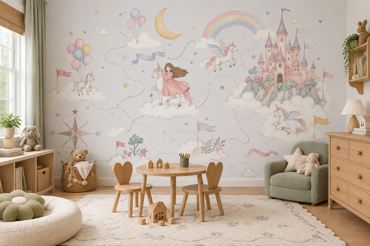 Unicorn Princess Castle Wallpaper Watercolor Fairy Tale Wall Mural