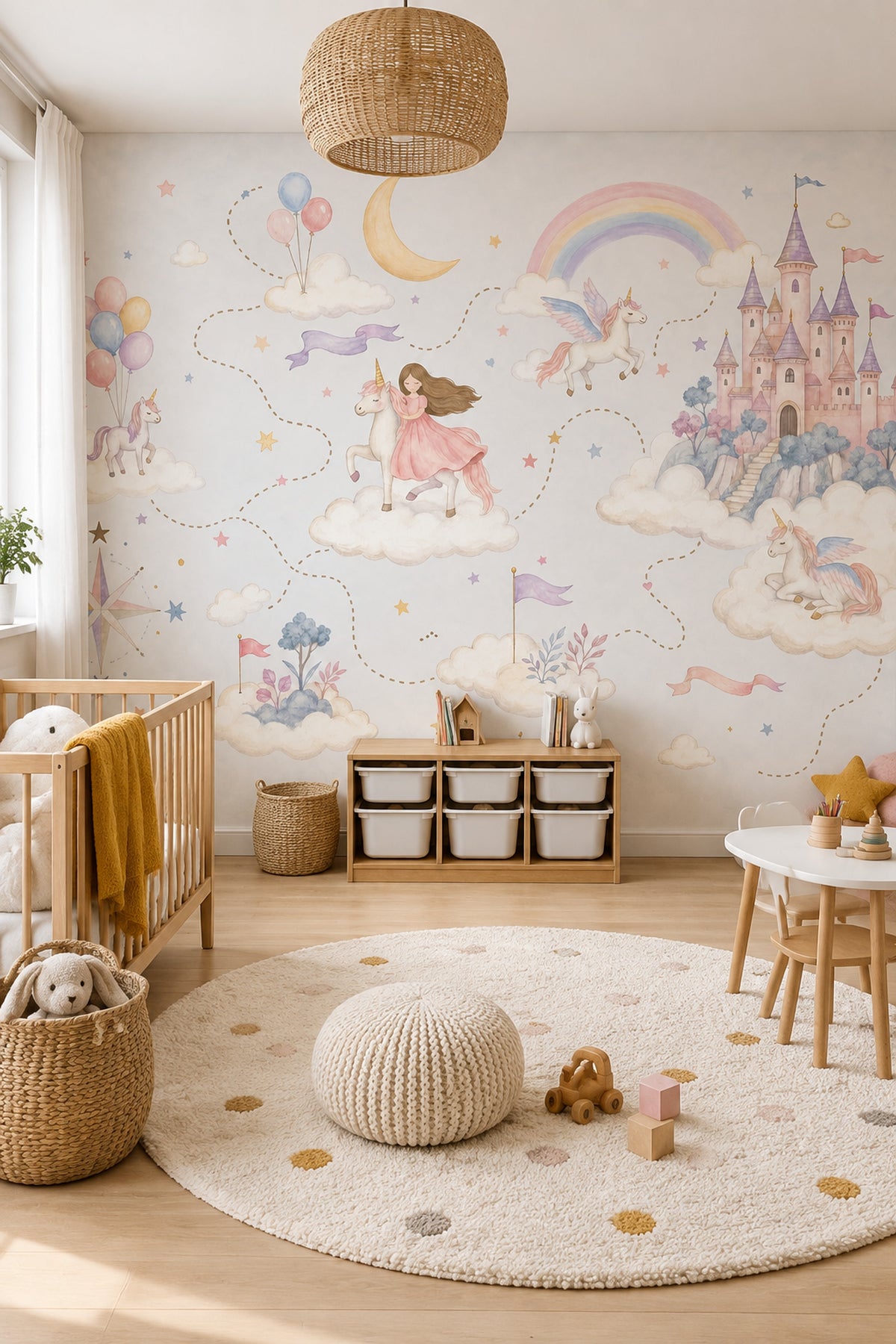 Unicorn Princess Castle Wallpaper Watercolor Fairy Tale Wall Mural