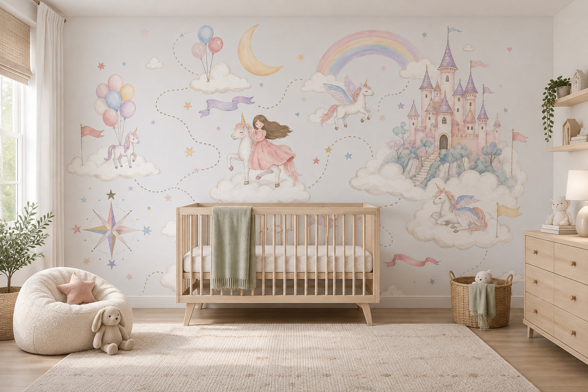 Unicorn Princess Castle Wallpaper Watercolor Fairy Tale Wall Mural