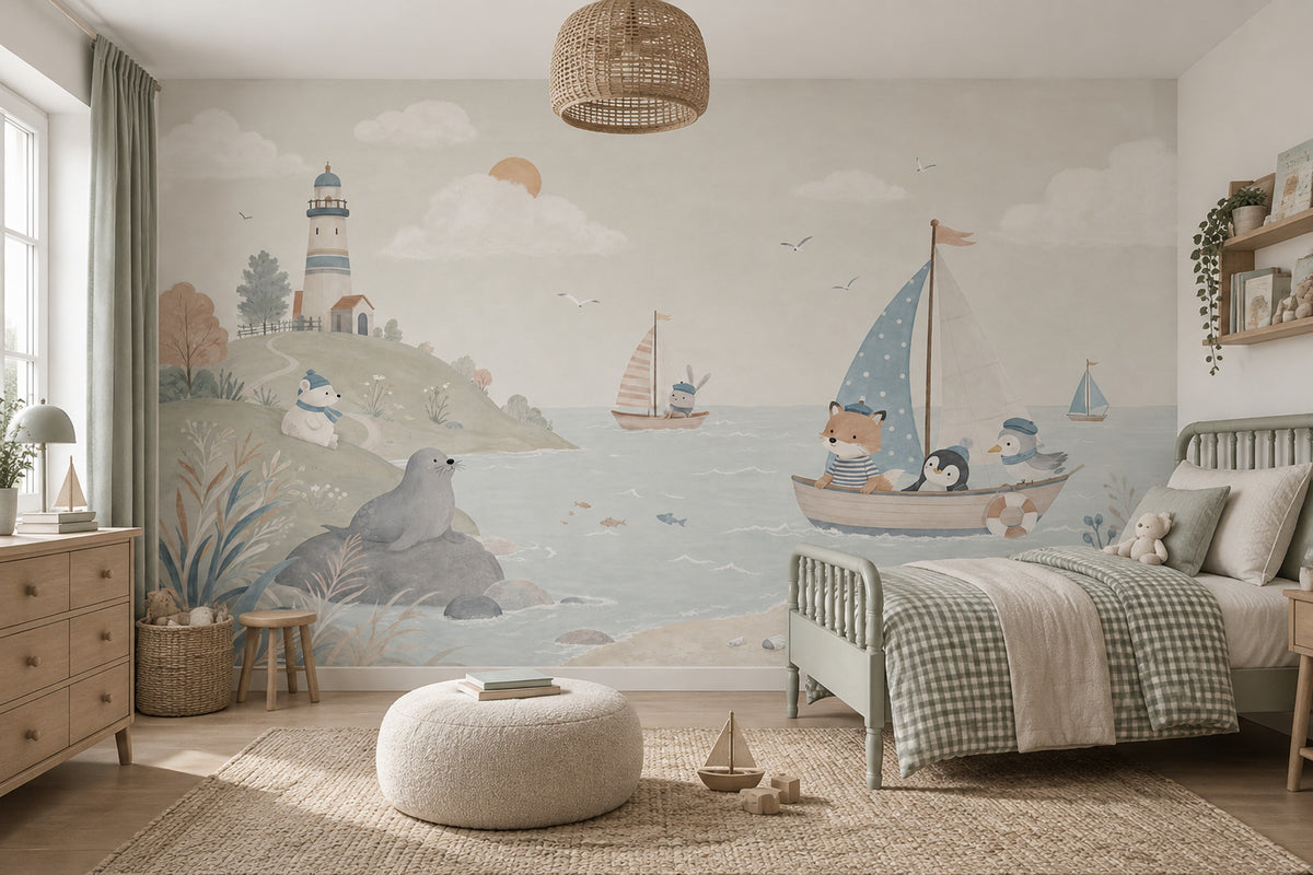Watercolor Lighthouse Wallpaper Pastel Coastal Animals Wall Mural