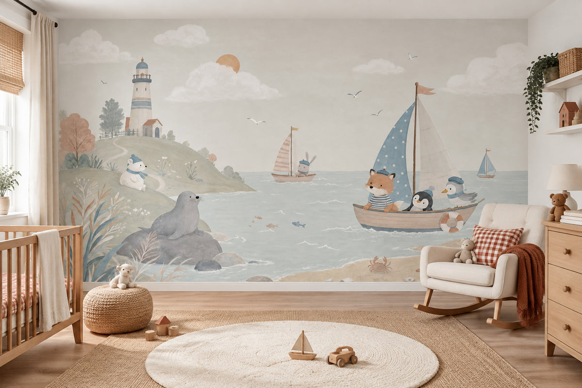 Watercolor Lighthouse Wallpaper Pastel Coastal Animals Wall Mural