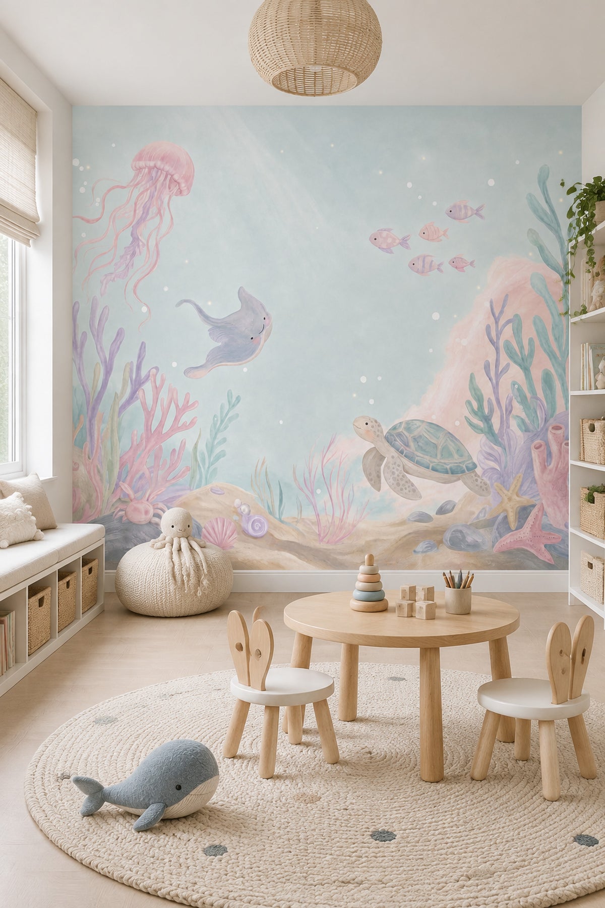 Pastel Underwater Animals Wallpaper Watercolor Ocean Wall Mural