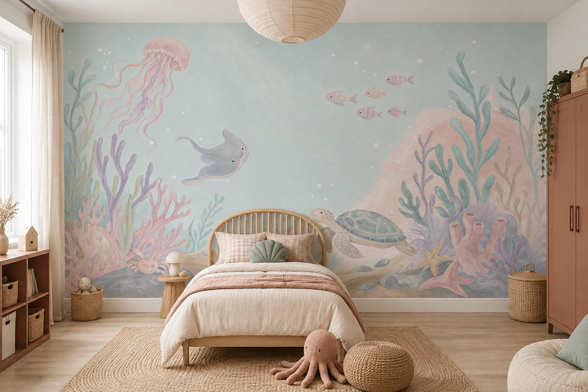 Pastel Underwater Animals Wallpaper Watercolor Ocean Wall Mural