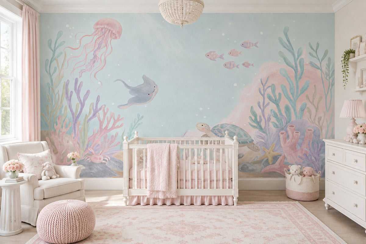 Pastel Underwater Animals Wallpaper Watercolor Ocean Wall Mural