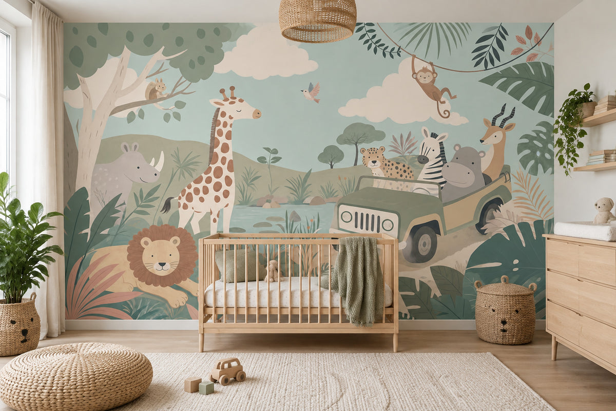 Pastel Safari Animals Wallpaper Jungle Nursery Wall Mural