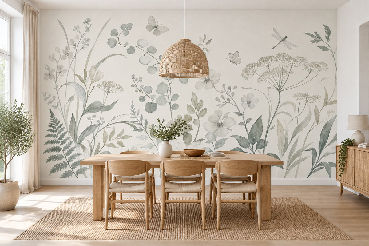 Wildflower Meadow Wallpaper Watercolor Sage Green Wall Mural