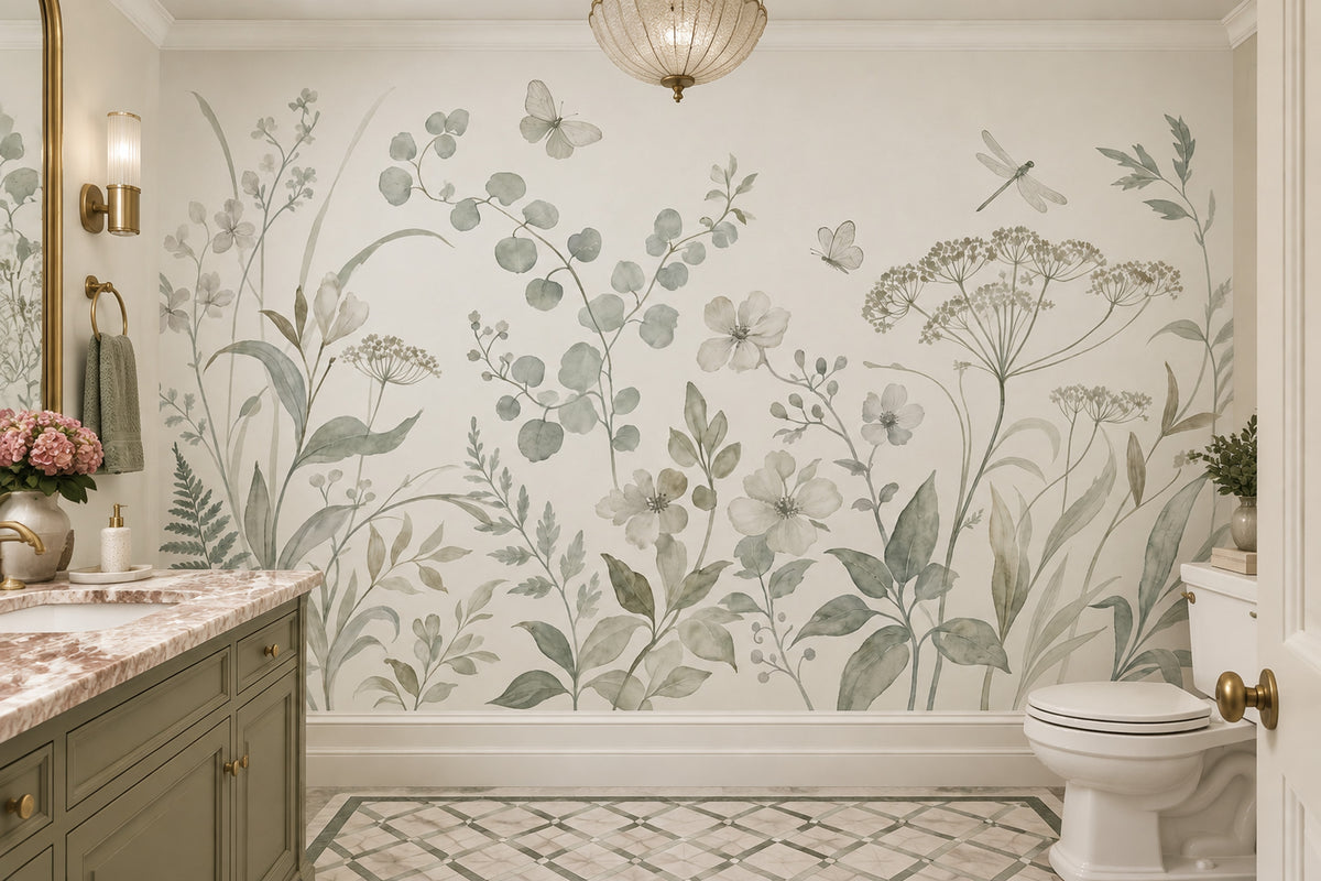 Wildflower Meadow Wallpaper Watercolor Sage Green Wall Mural