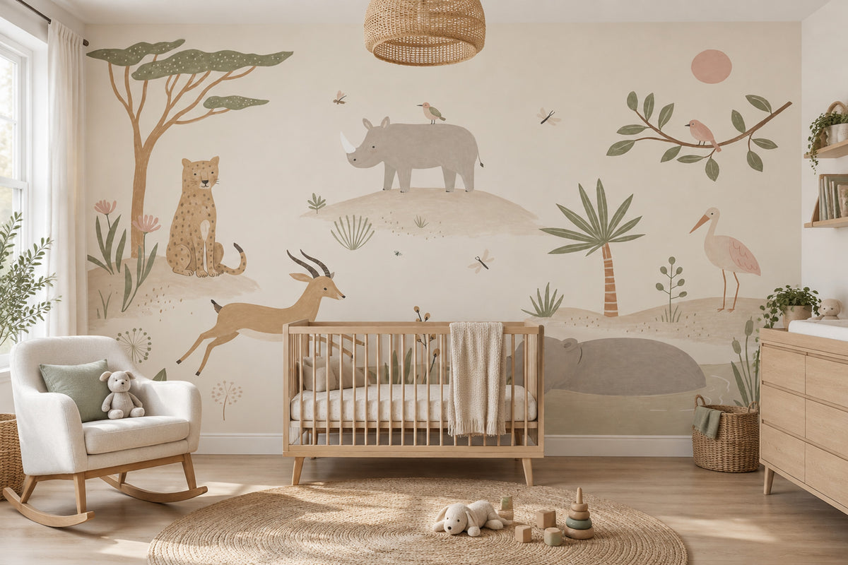 Pastel Safari Animals Wallpaper Botanical Nursery Wall Mural