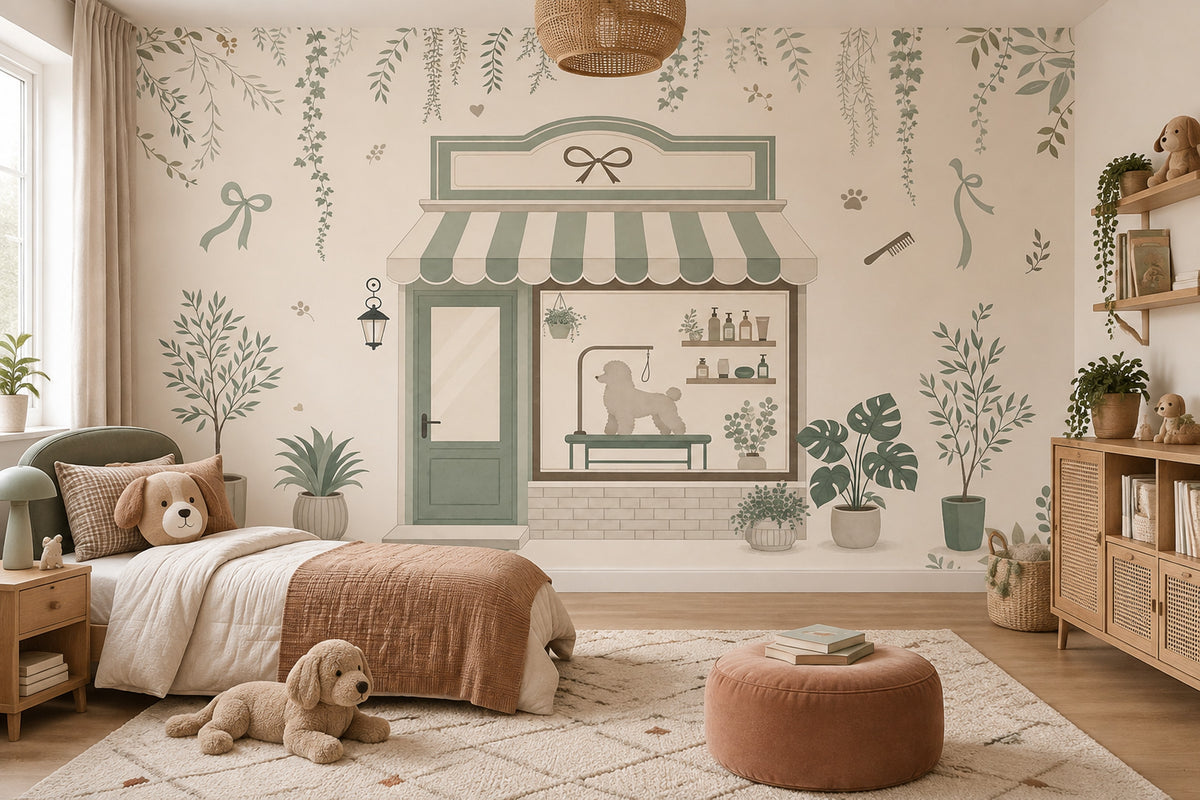 Pet Grooming Shop Wallpaper Sage Green Boutique Wall Mural