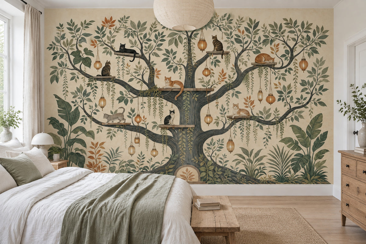 Cats In Tree Wallpaper Muted Green Botanical Wall Mural