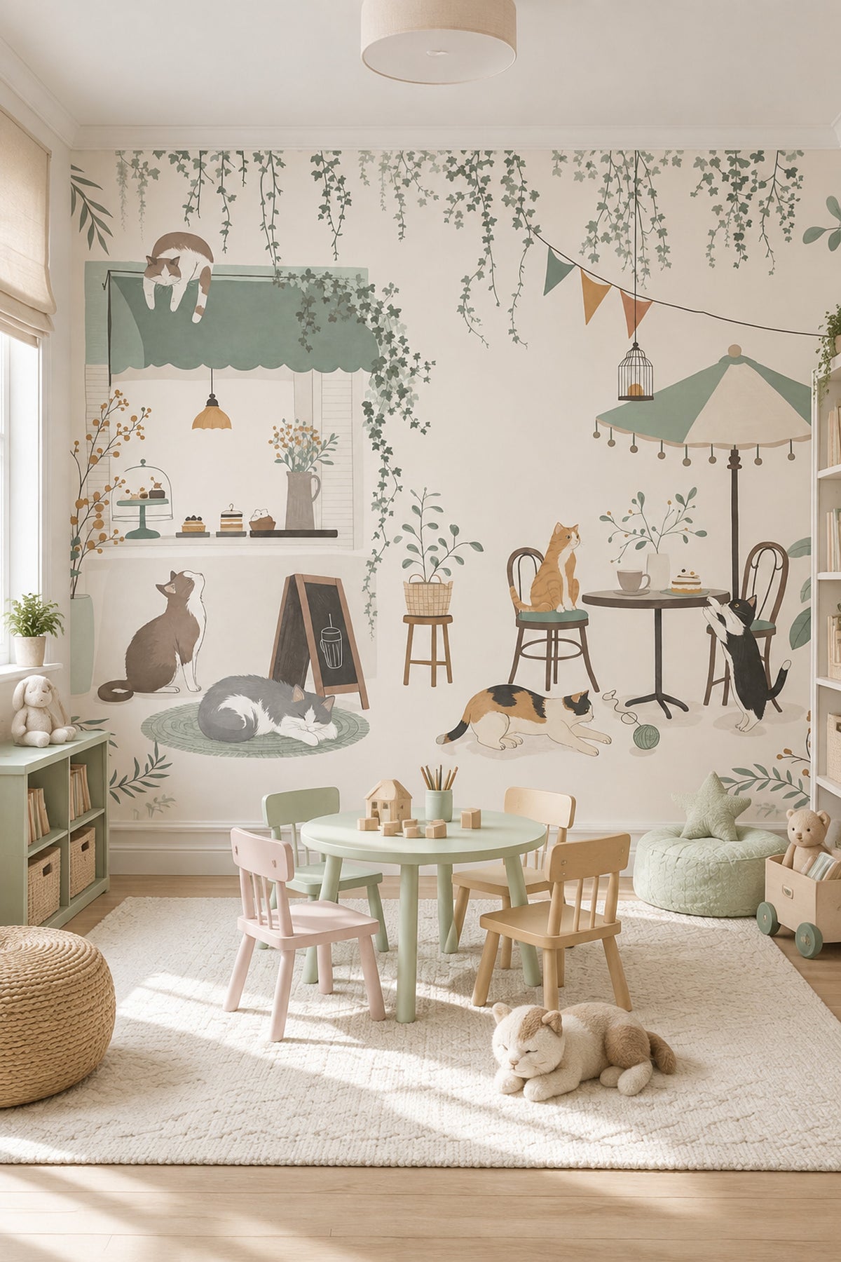 Cat Cafe Storefront Wallpaper Sage Green Garden Patio Wall Mural