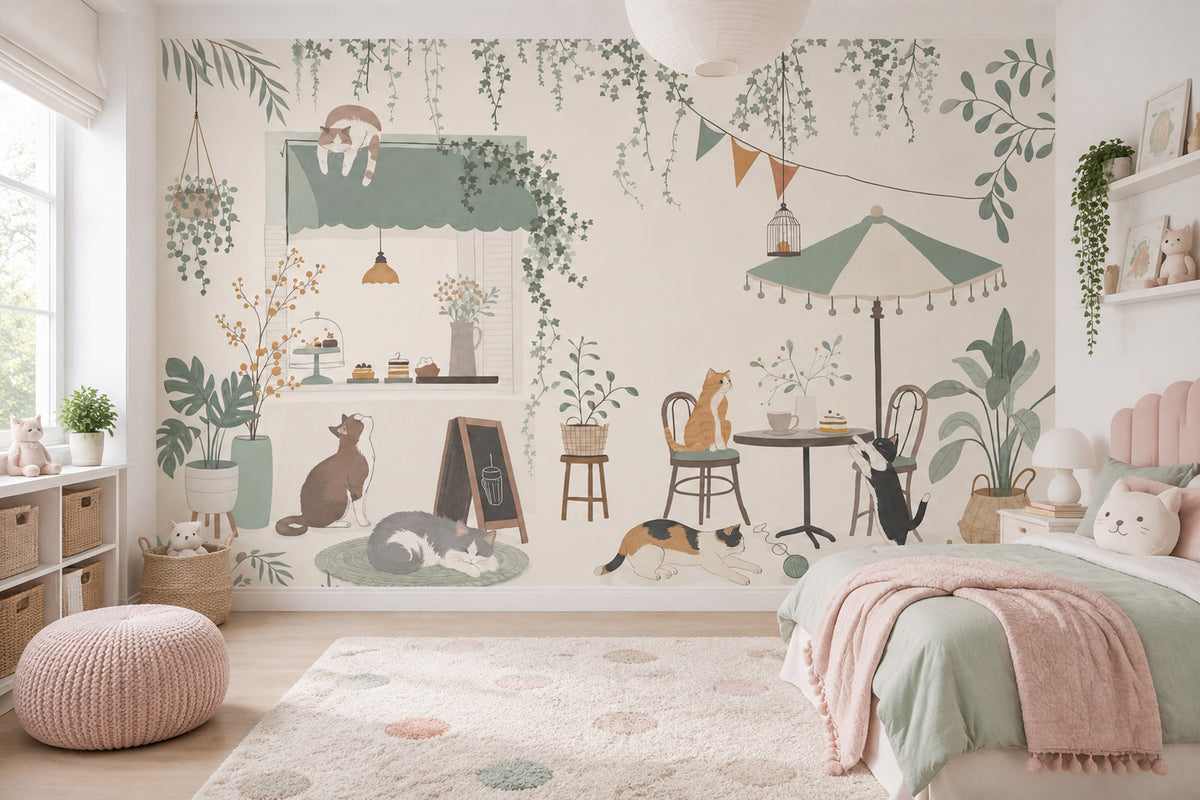 Cat Cafe Storefront Wallpaper Sage Green Garden Patio Wall Mural
