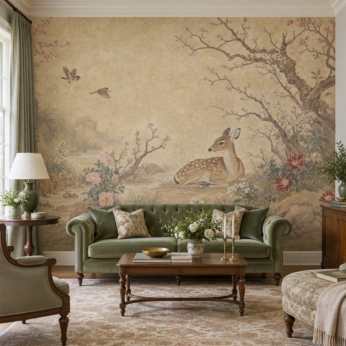 Deer And Blossom Branches Wallpaper Vintage Chinoiserie Wall Mural